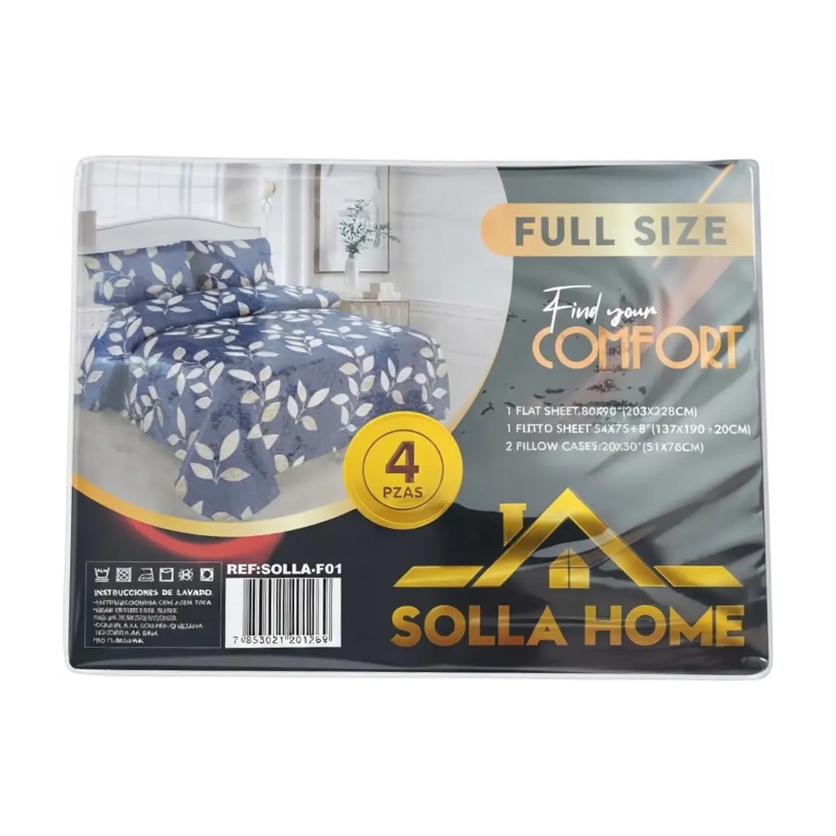 Juego de sábanas Full Size de cuatro piezas con estampado de hojas en tonos azul y gris Solla Home - Miniatura 3