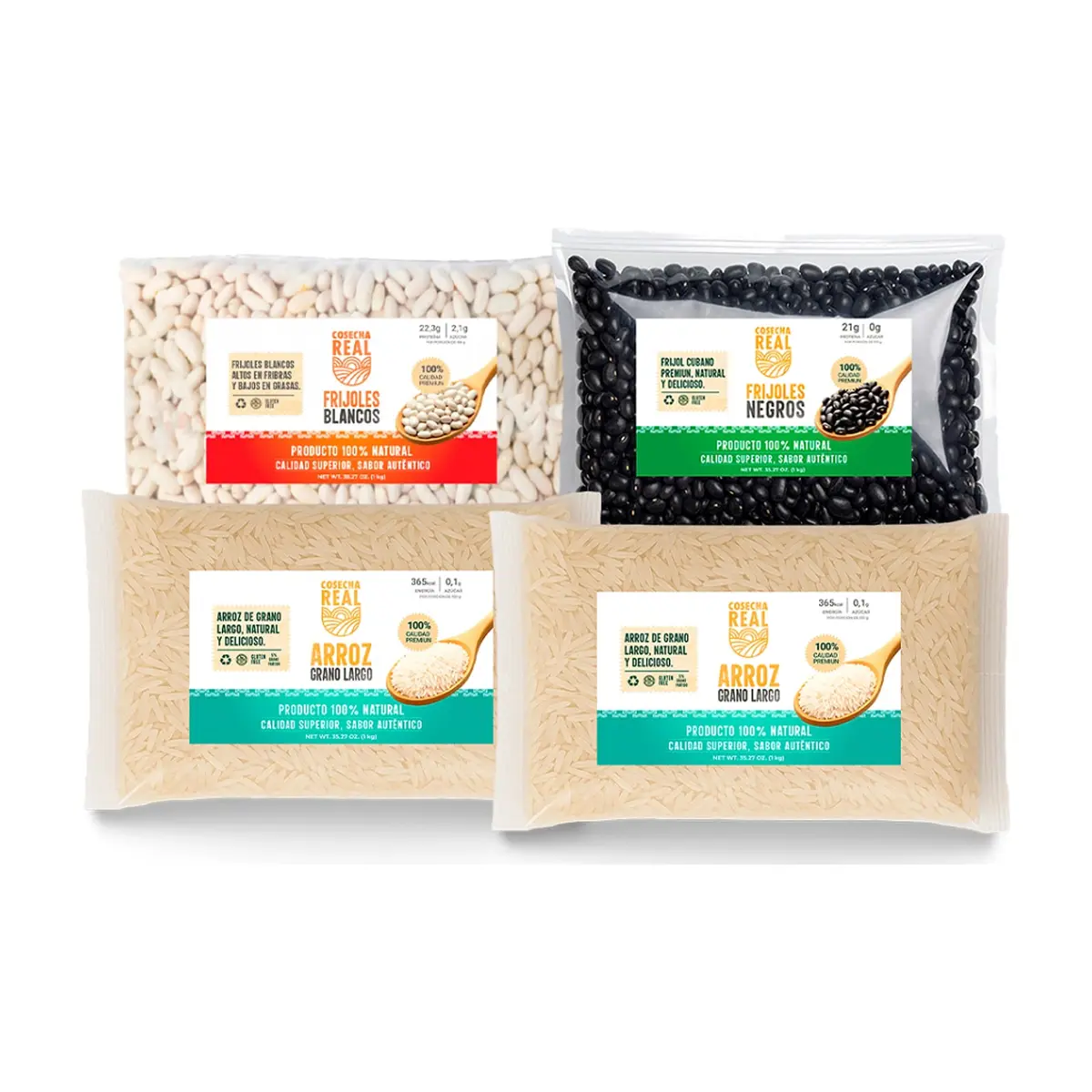 Combo de granos selectos Cosecha Real #28: Arroz de grano largo + Frijoles negros + Frijoles blancos