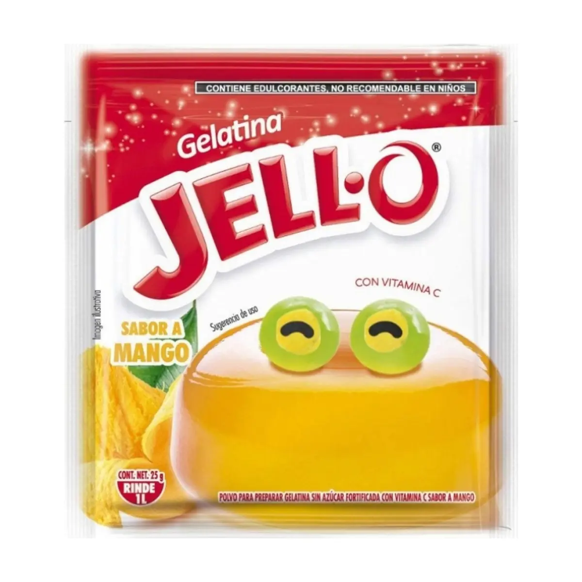 Polvo para preparar gelatina sin azúcar fortificada con Vit C sabor a mango Jell-O (25 g)