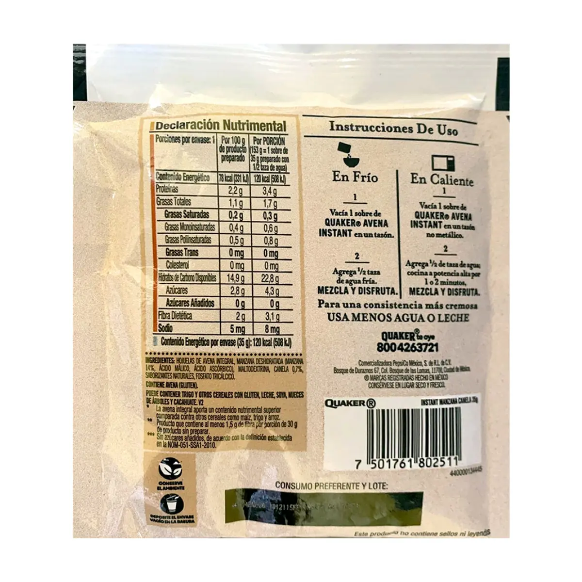 Cereal de avena integral sin azúcar sabor manzana y canela Quaker (35 g / 1.23 oz) - Miniatura 2