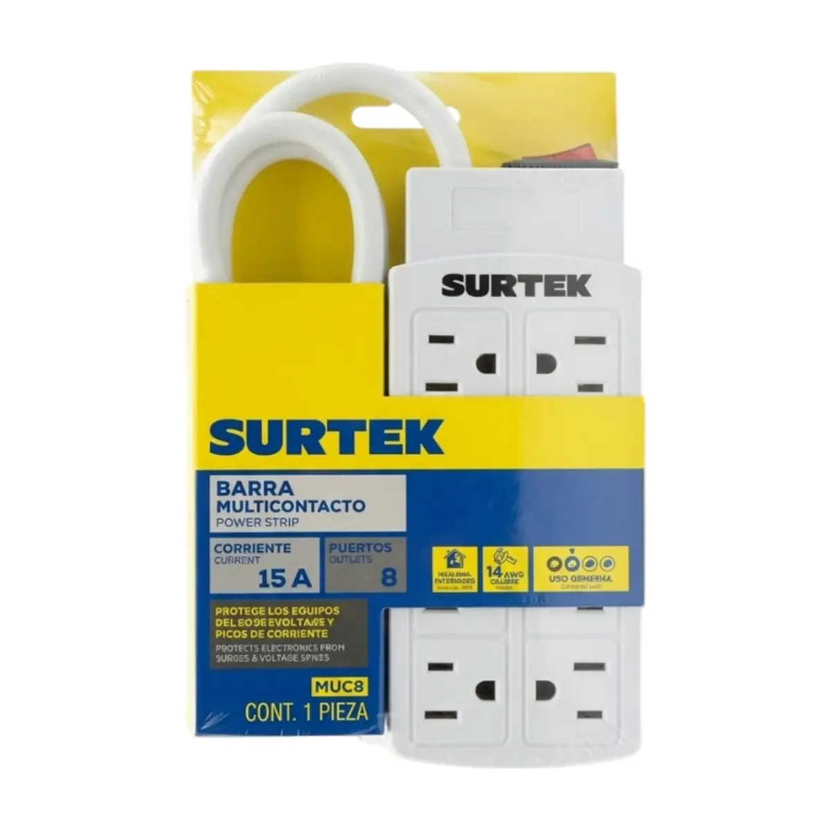 Barra multicontacto aterrizada de 8 puertos con cable 60 cm Surtek MUC8 - Imagen 1