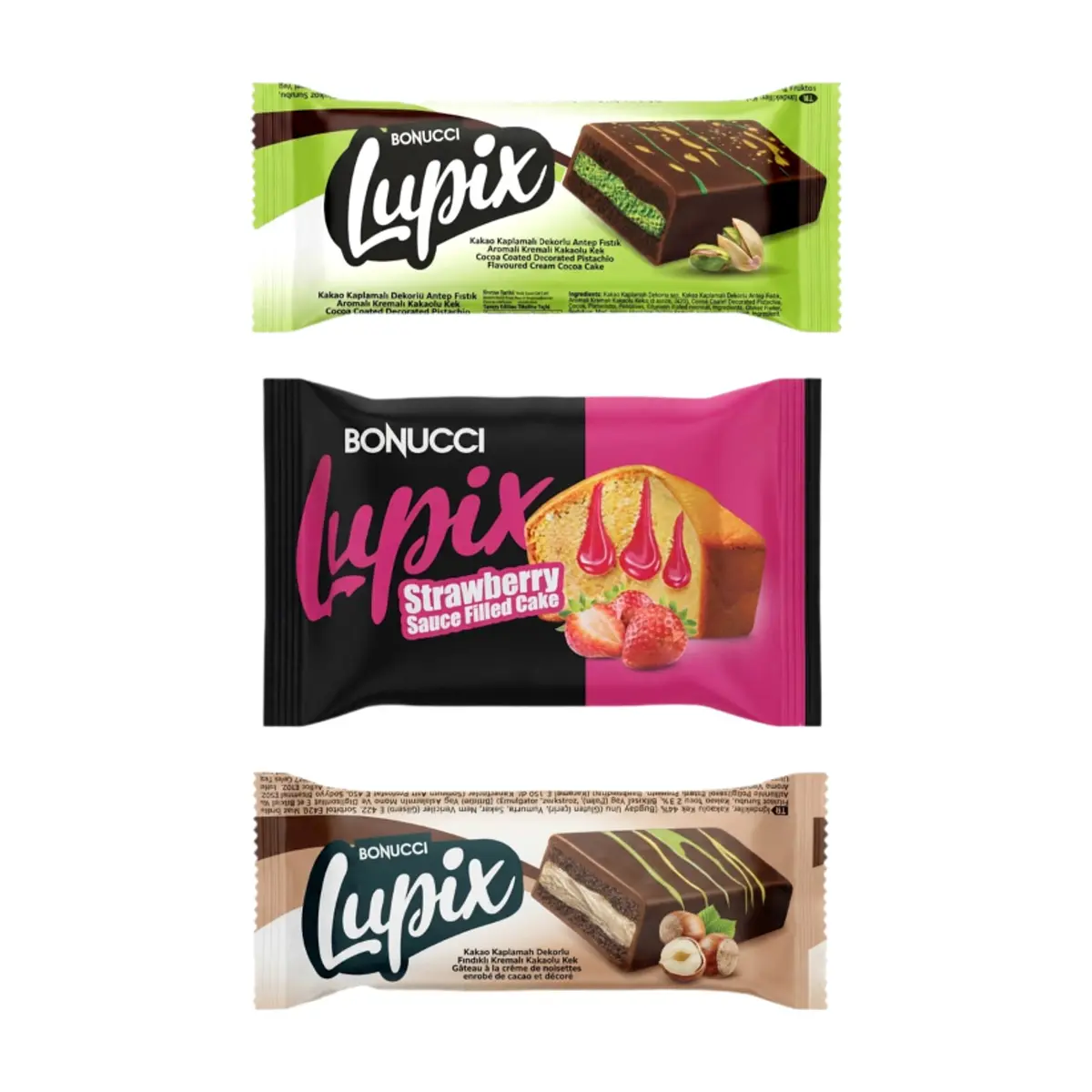 Pastelitos Lupix X3: 1 Pastel de chocolate relleno y decorado con crema de pistachos + 1 Pastel de vainilla relleno con salsa de fresa + 1 Pastel de chocolate relleno y decorado con crema de pistachos y avellanas - Imagen 1