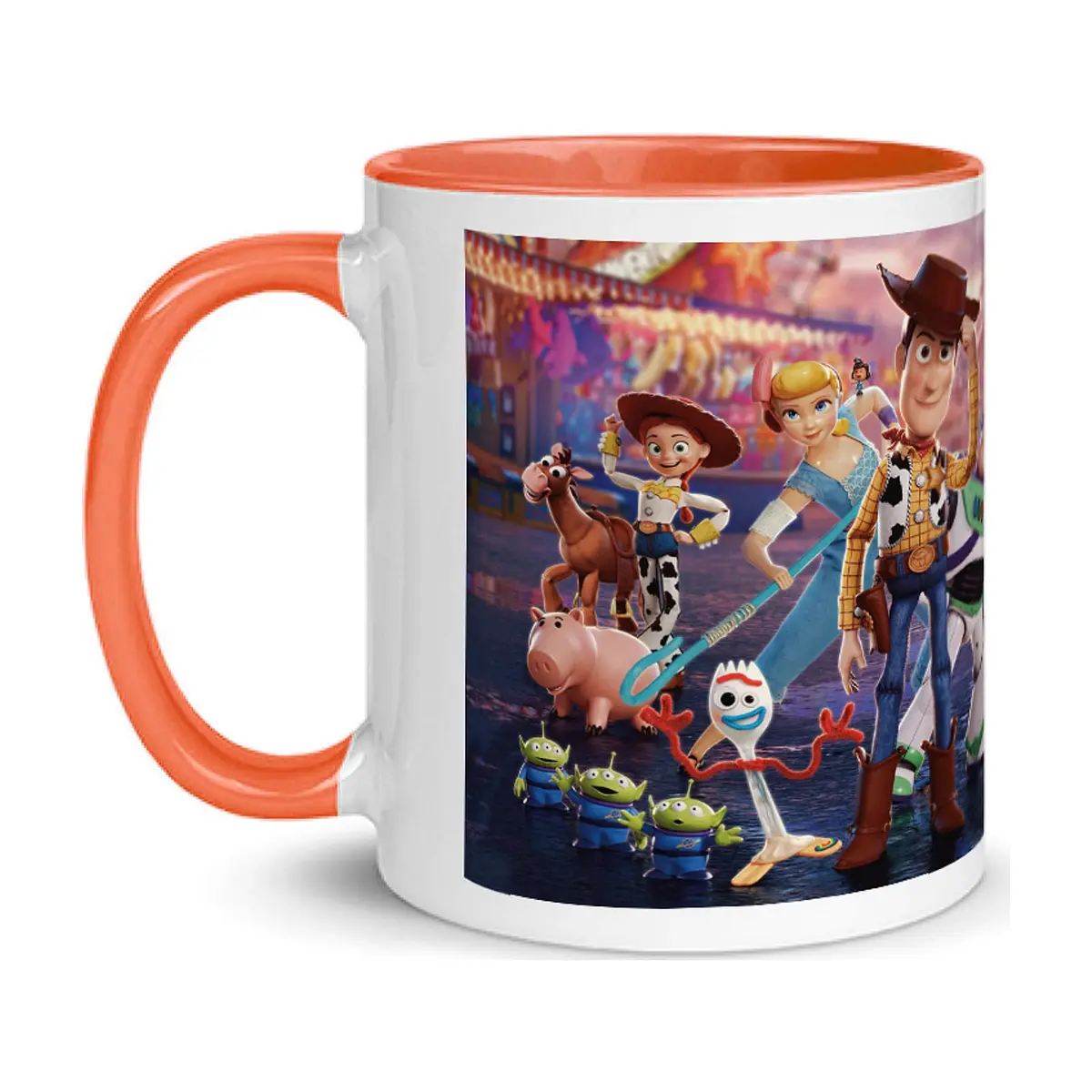 Jarra blanca y anaranjada de cerámica con diseño impreso tema Toy Story