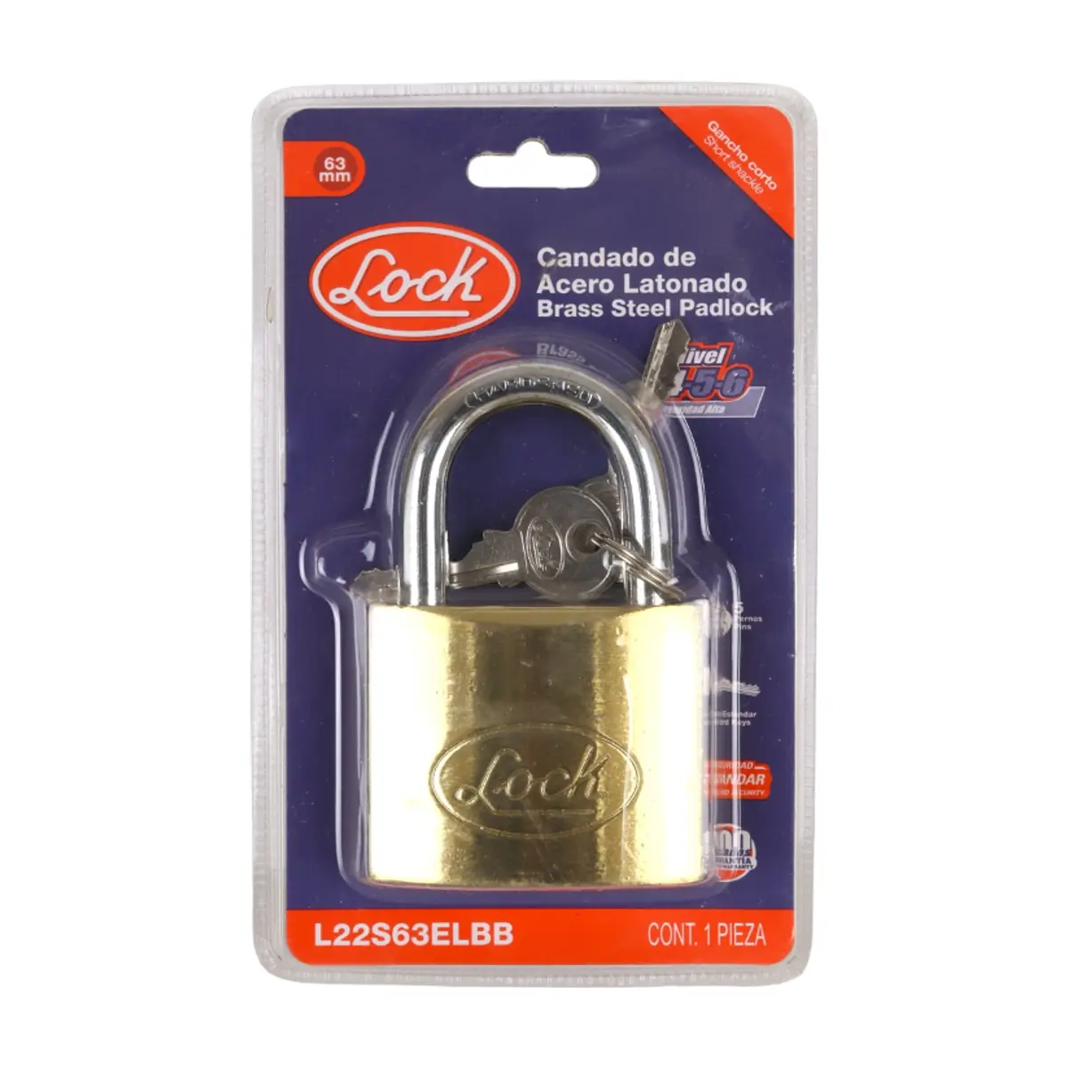 Candado de acero latonado 63 mm llave estándar Lock L22S63ELBB - Thumbnail 2