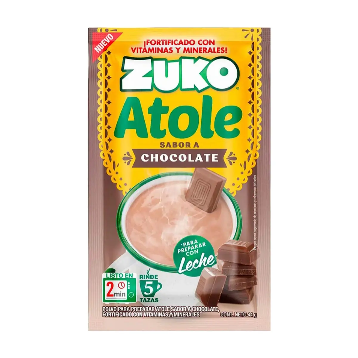 Polvo para preparar atole sabor chocolate, fortificado con vitaminas y minerales Zuko (44 g / 1.55 oz) - Thumbnail 3