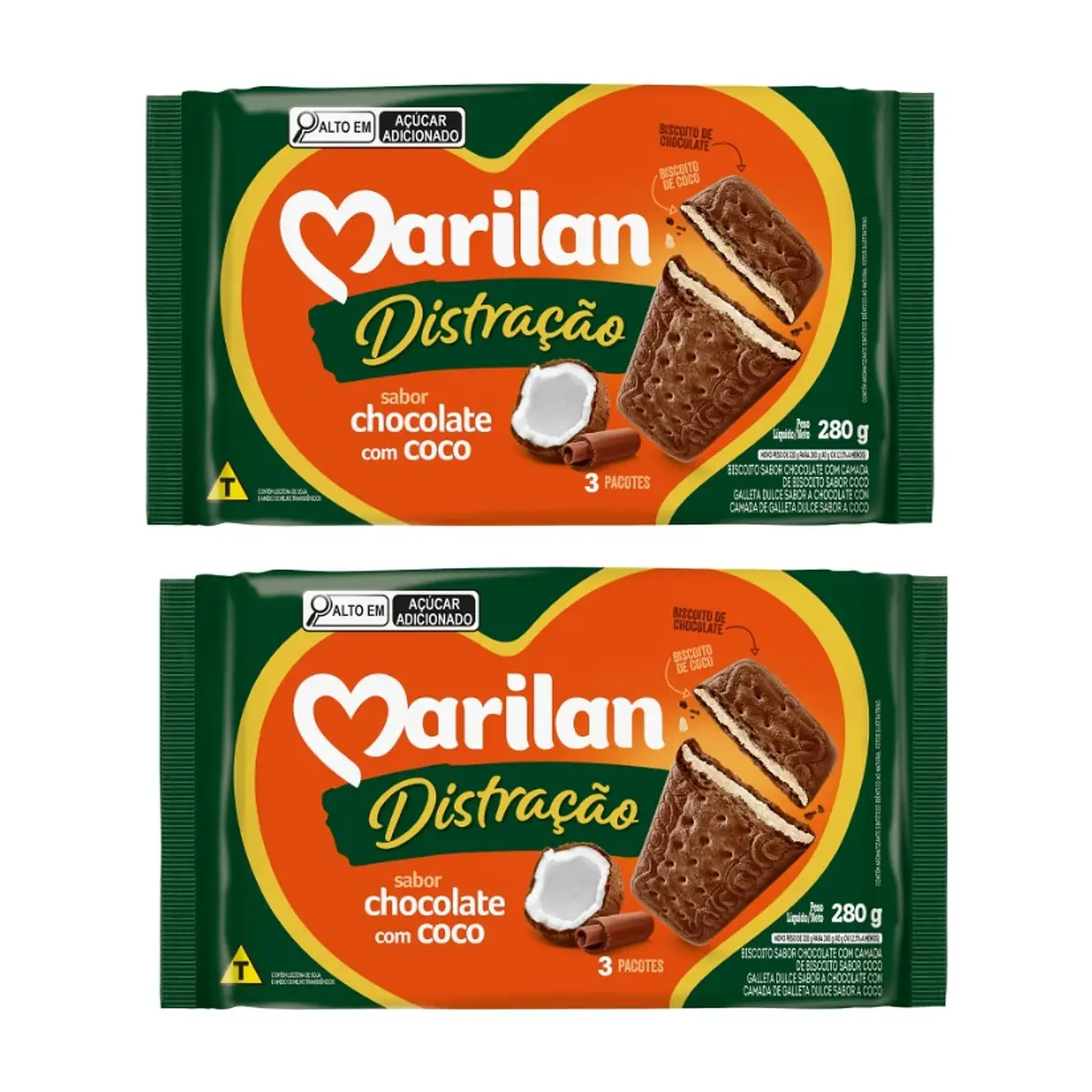 Galleta triple capa sabor chocolate con coco Distracao Marilan (2 x 280 g / 9.88 az)