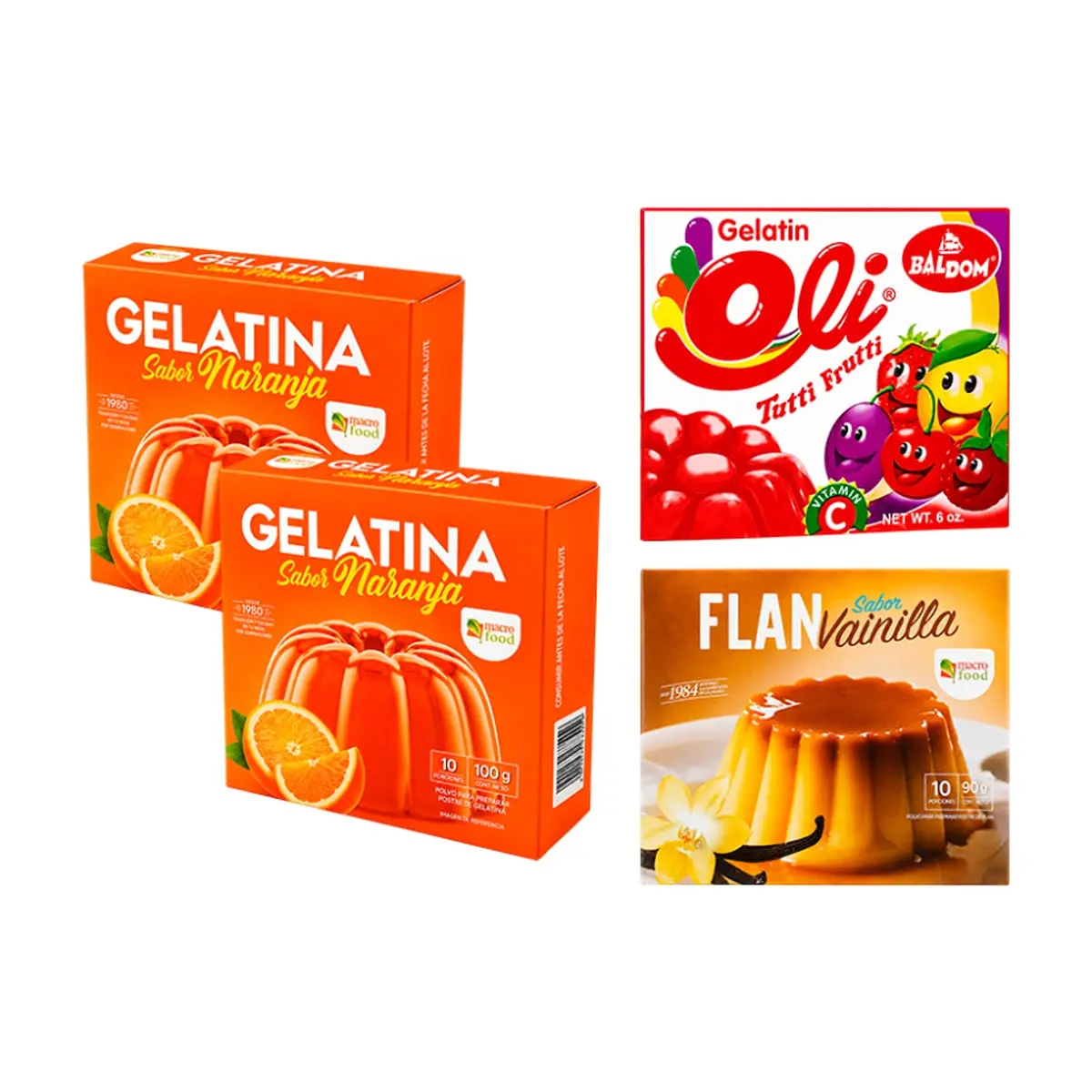 Combo: Gelatina naranja + Gelatina tutti frutti + Flan vainilla