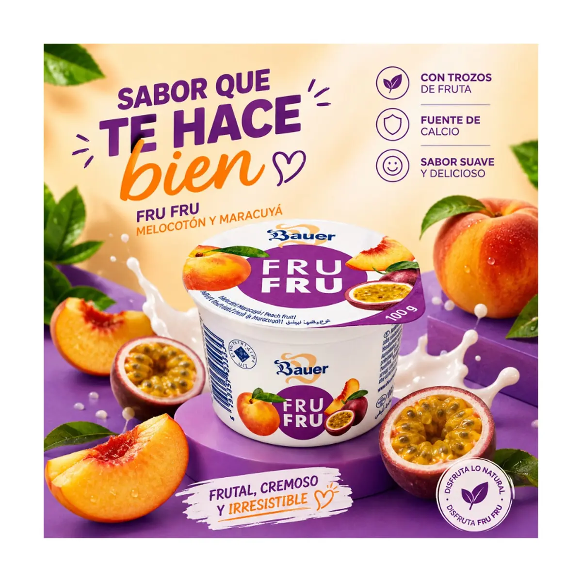 Yogur sabor melocotón-maracuyá Bauer Fru Fru (12 x 100g / 3.53oz) - Thumbnail 5