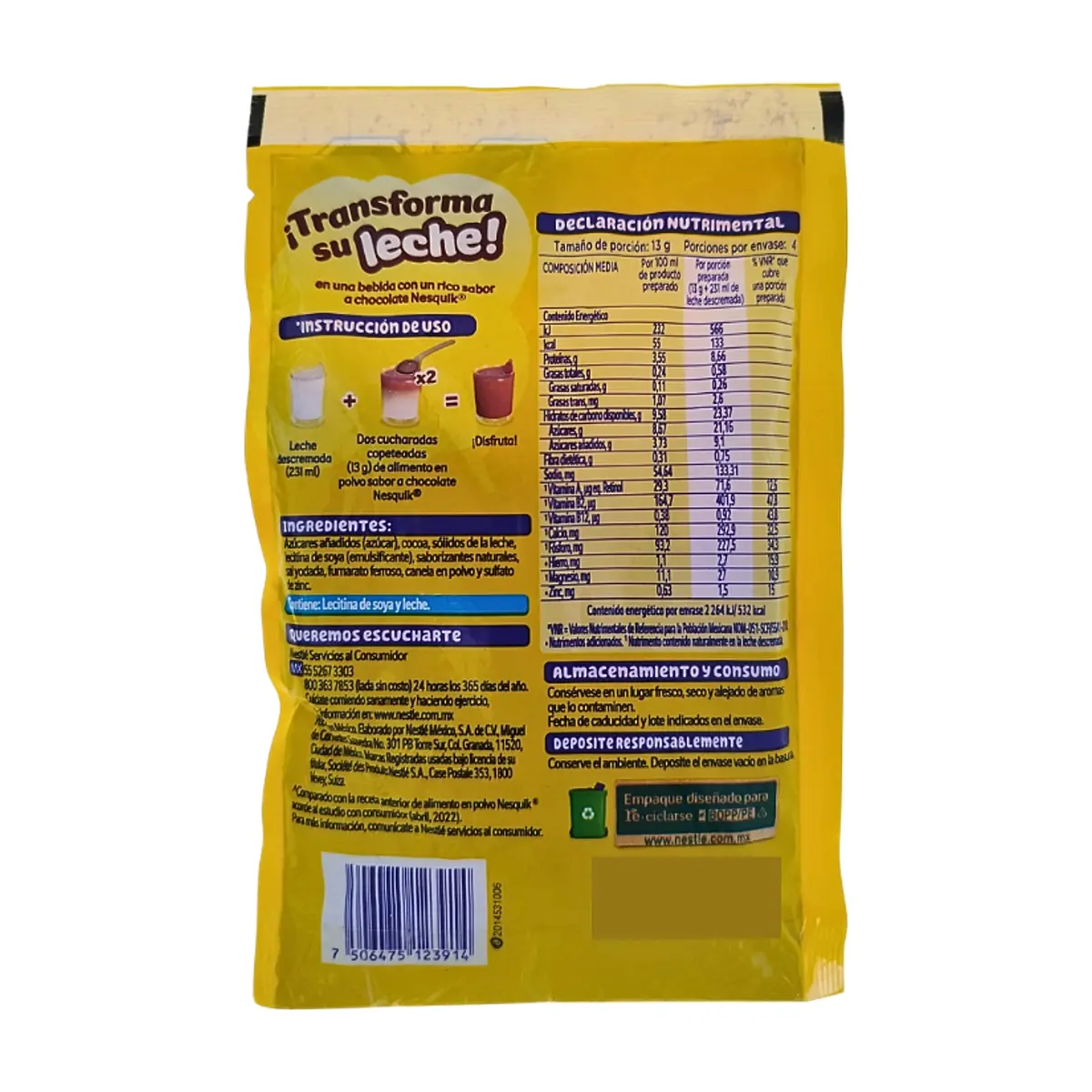 Alimento en polvo para preparar bebida fortificada sabor chocolate Nesquik Nestlé (52 g / 1.83 oz) - Thumbnail 2
