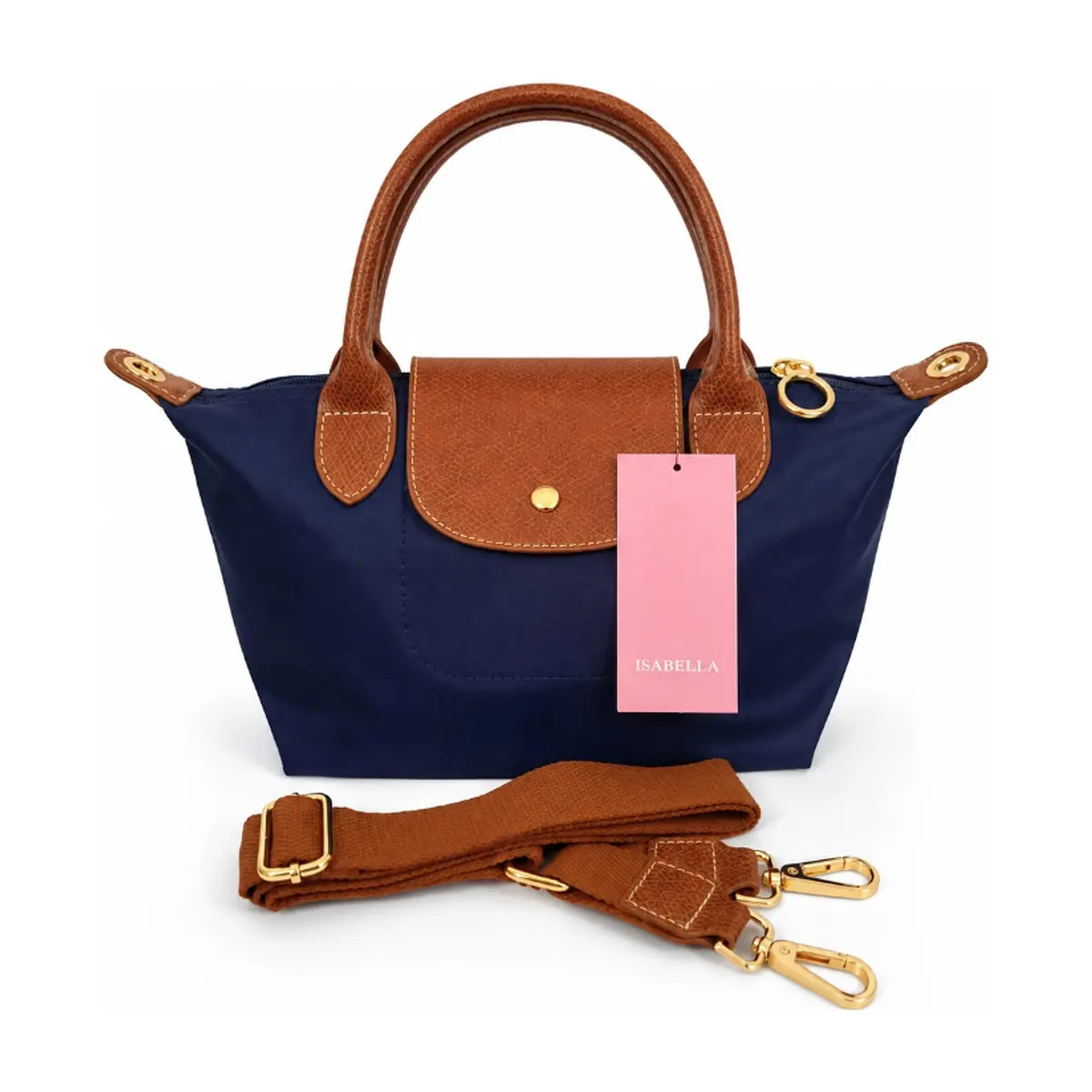 Bolso de nailon azul marino plegable con detalles camel y asas extraíbles Isabella
