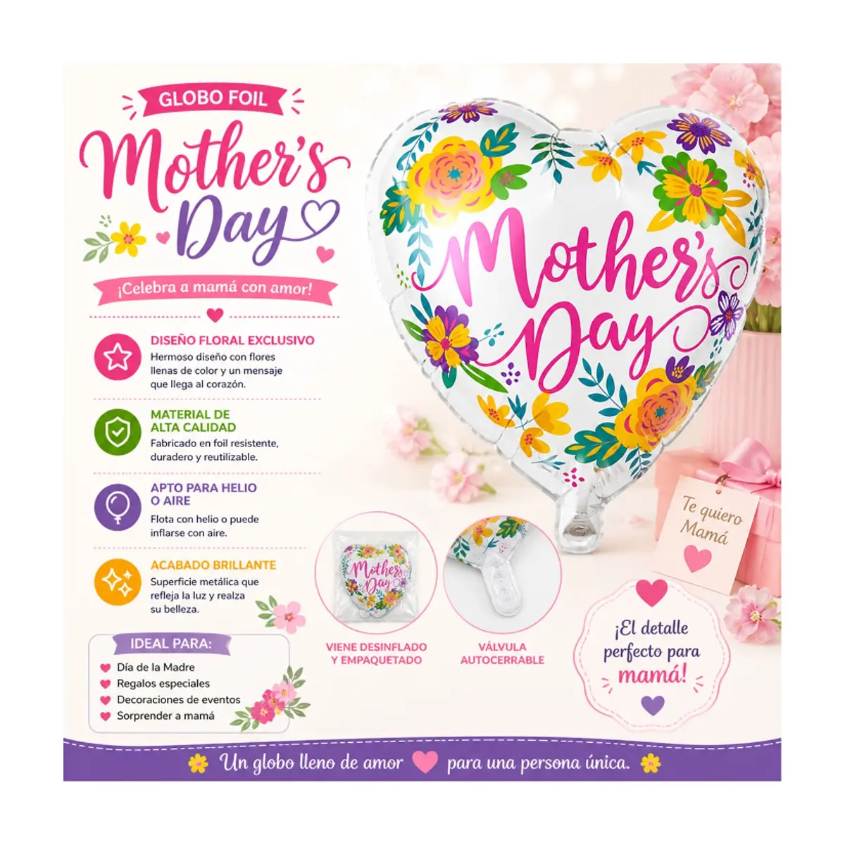 Globo en forma de corazón con cartel de Happy mother´s day Balloon (17 pulgadas) - Thumbnail 4
