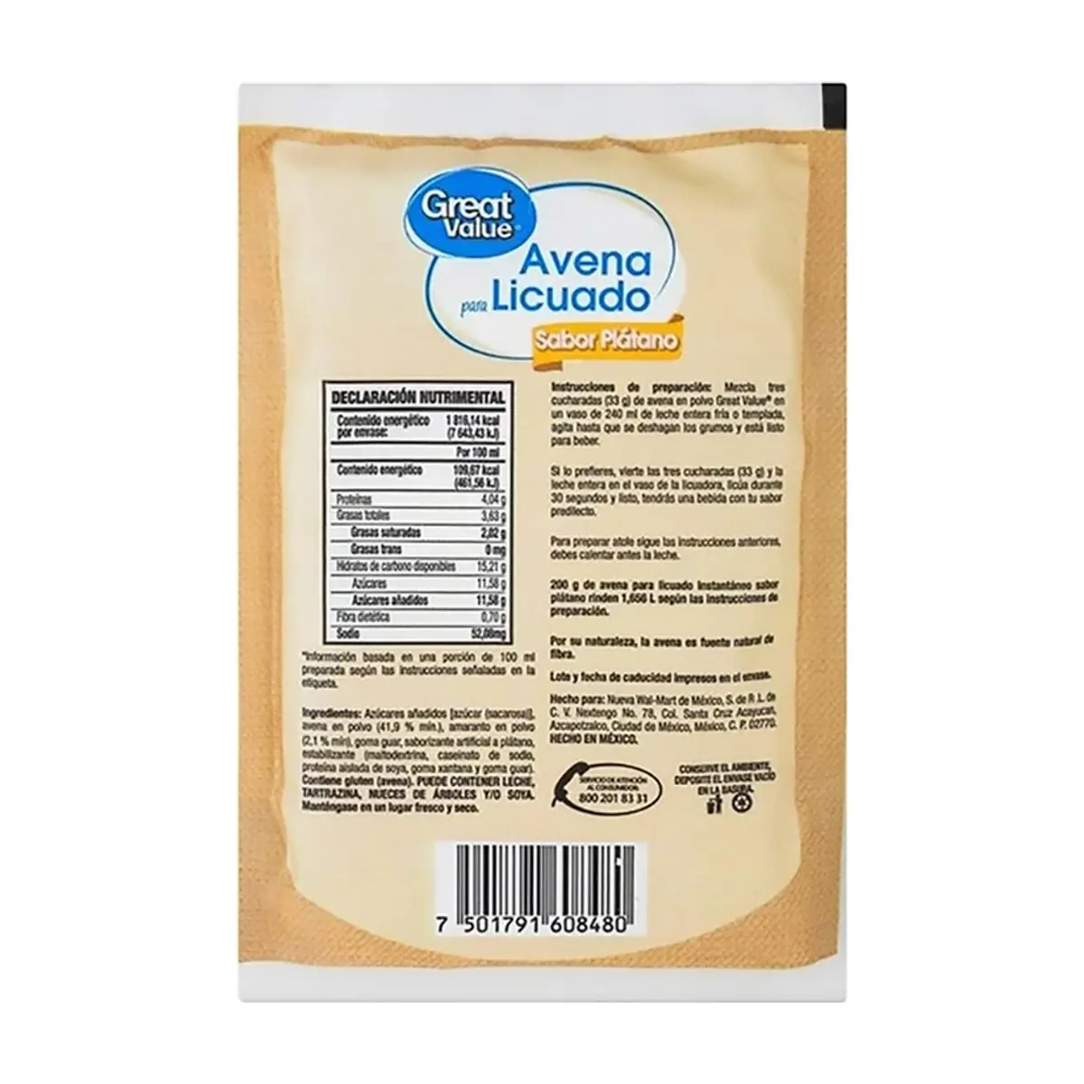 Avena para licuado instantáneo sabor plátano Great Value (200 g / 7.05 oz) - Thumbnail 4