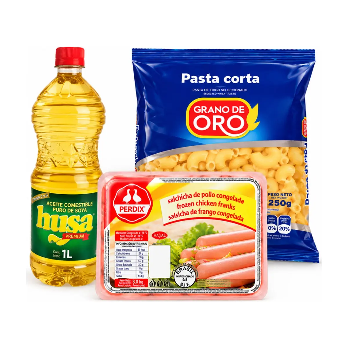 Salchicha de pollo congelada Perdix + Pasta corta coditos Grano de Oro + Aceite - Imagen 1