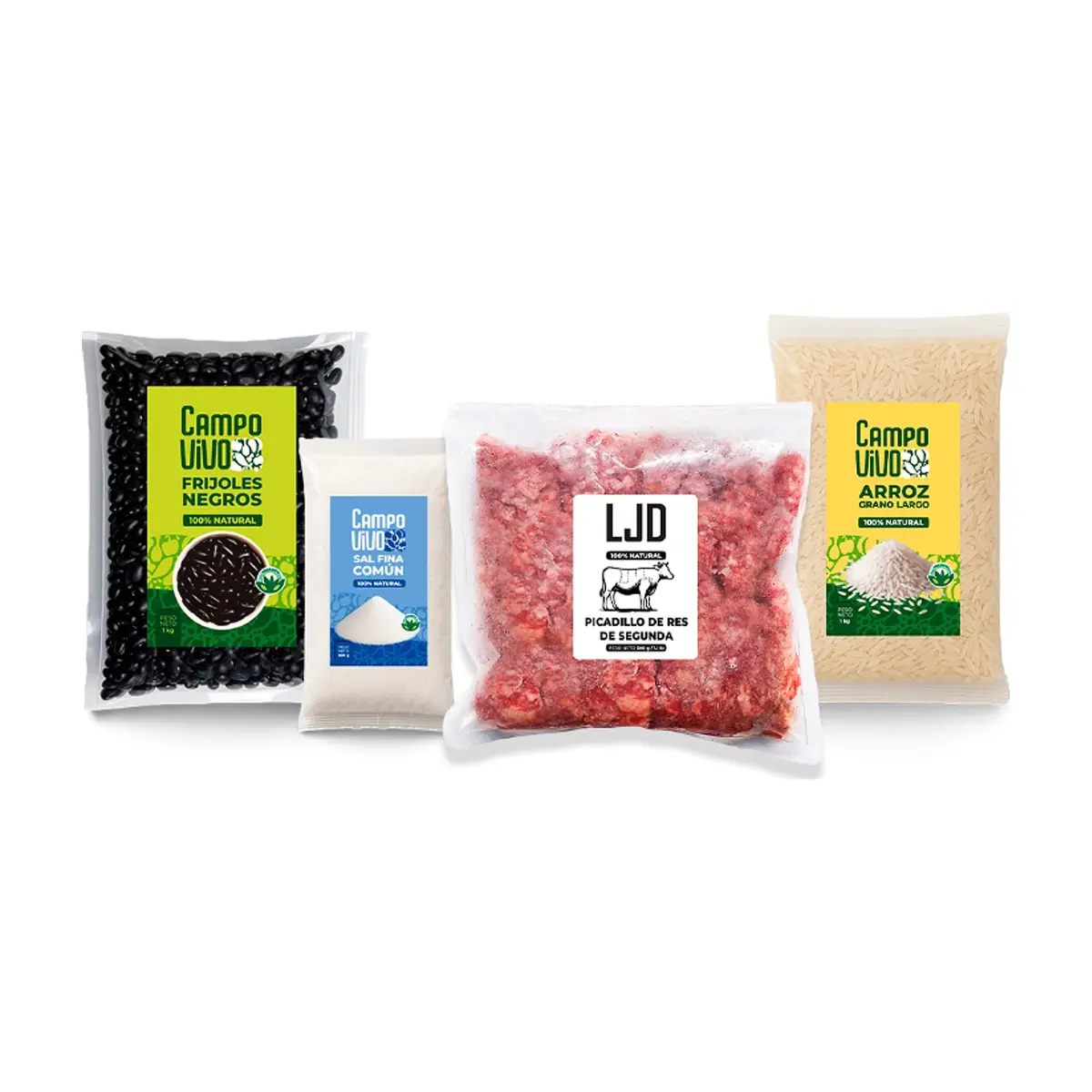 Combo Campo Vivo: Frijoles negros + Arroz de grano largo + Sal fina común + Picadillo de res de segunda