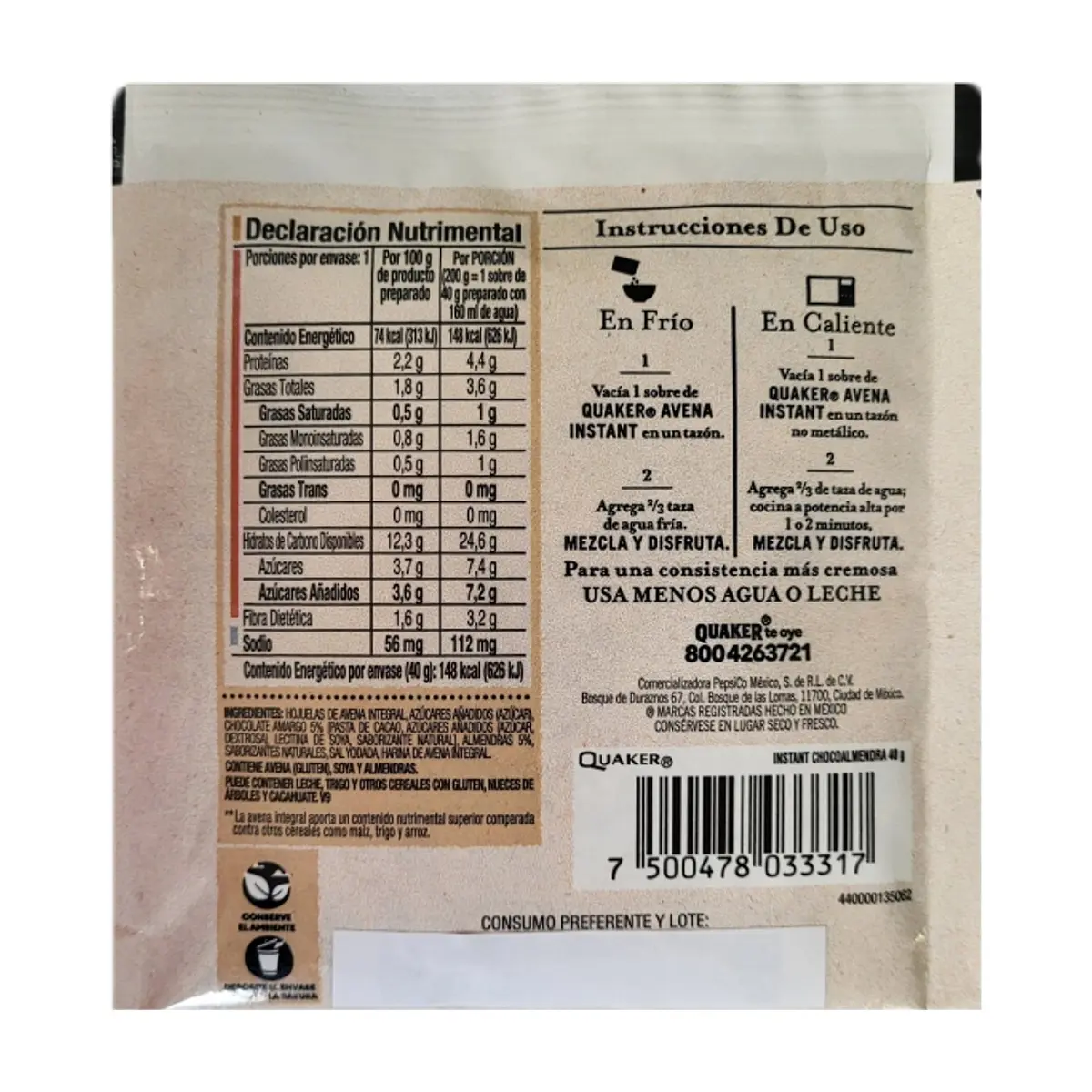 Avena integral instantánea sabor chocoalmendra Quaker (40 g / 1.41 oz) - Thumbnail 6