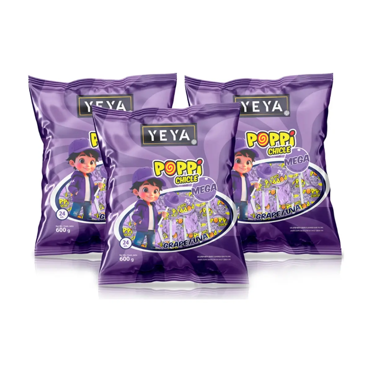 Chupa chupas con relleno de chicle sabor uva YEYA (3 x 600 g / 1.32 lb) - Miniatura 1
