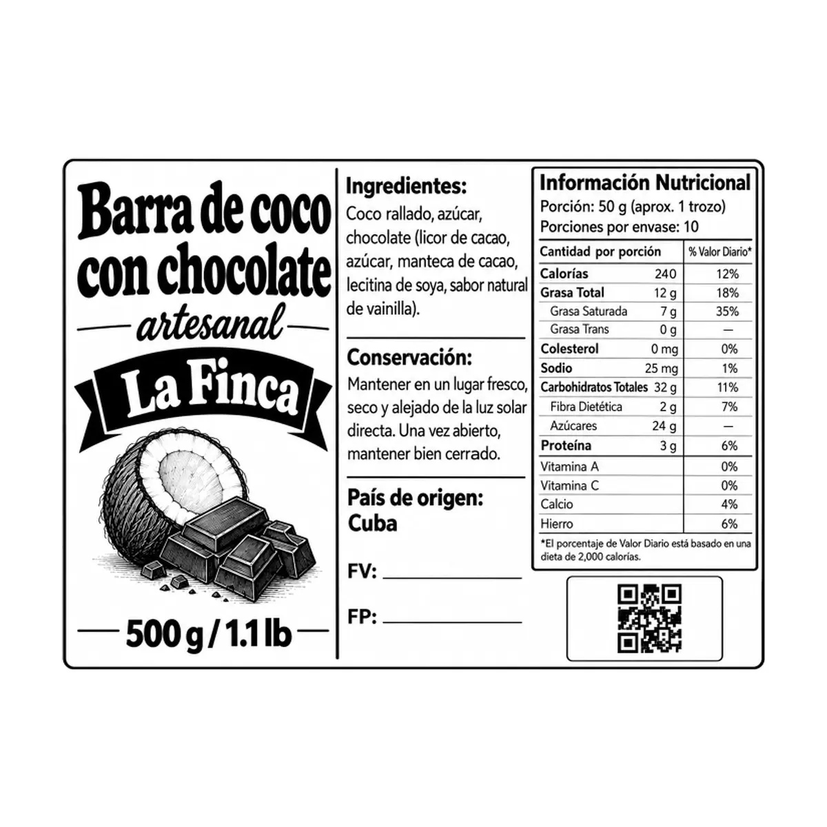 Barra de coco con chocolate artesanal La Finca (500 g / 1.1 lb) - Thumbnail 4