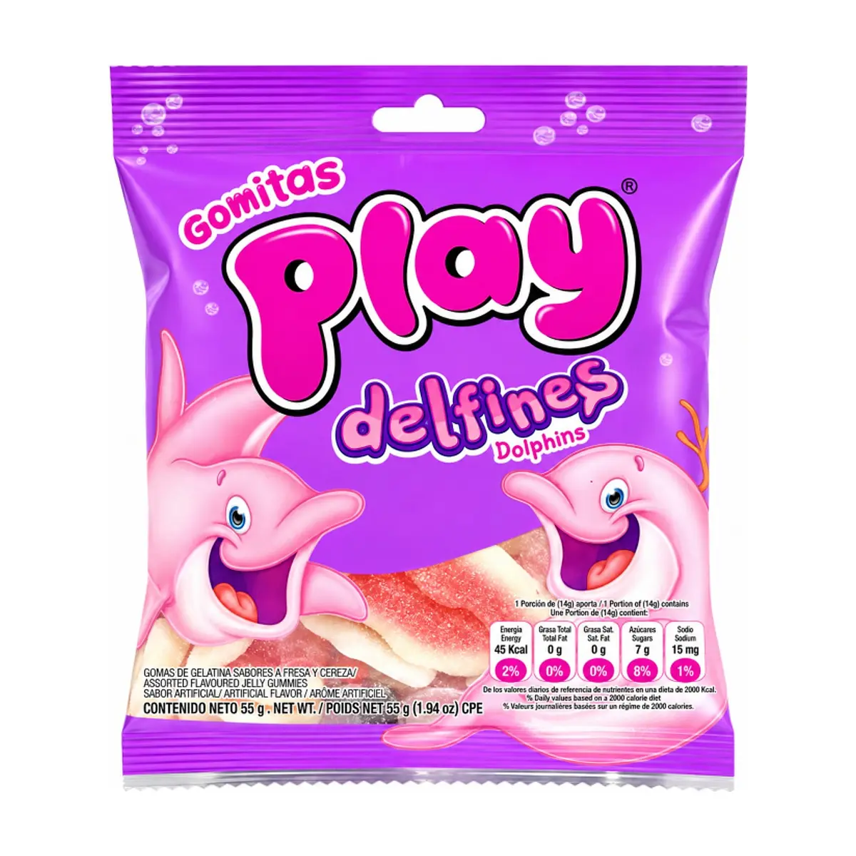 Gomitas de gelatina sabores surtidos a fresa y cereza Delfines Play (55 g / 1.94 oz)