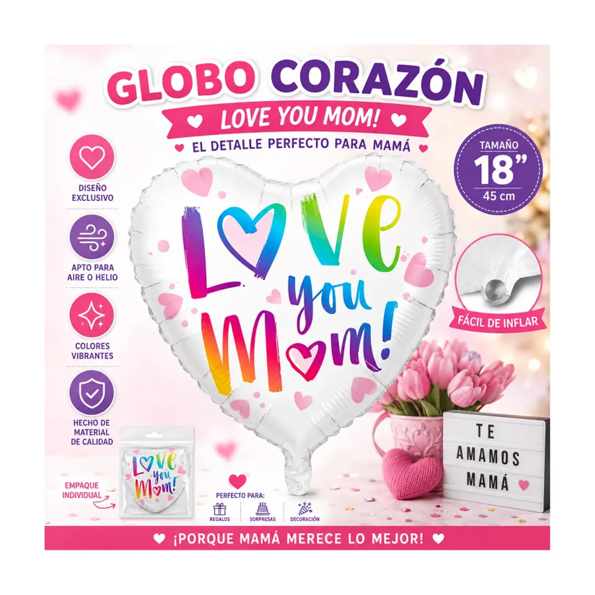 Globo en forma de corazón con cartel de Love you mom Balloon (17 pulgadas) - Thumbnail 4