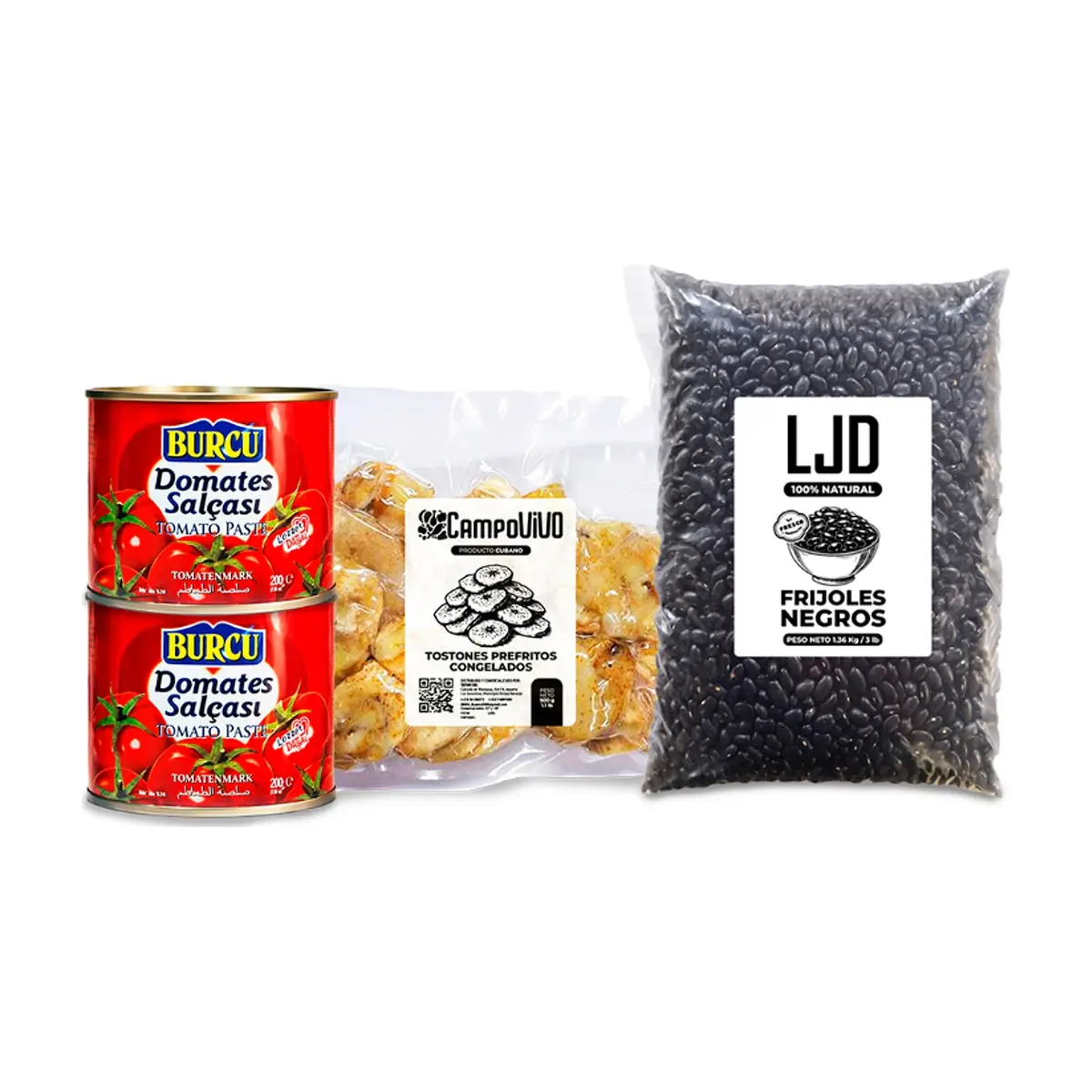 Combo criollo: Tostones prefritos congelados Campo Vivo + Frijoles negros LJD + Pasta de tomate Burcu