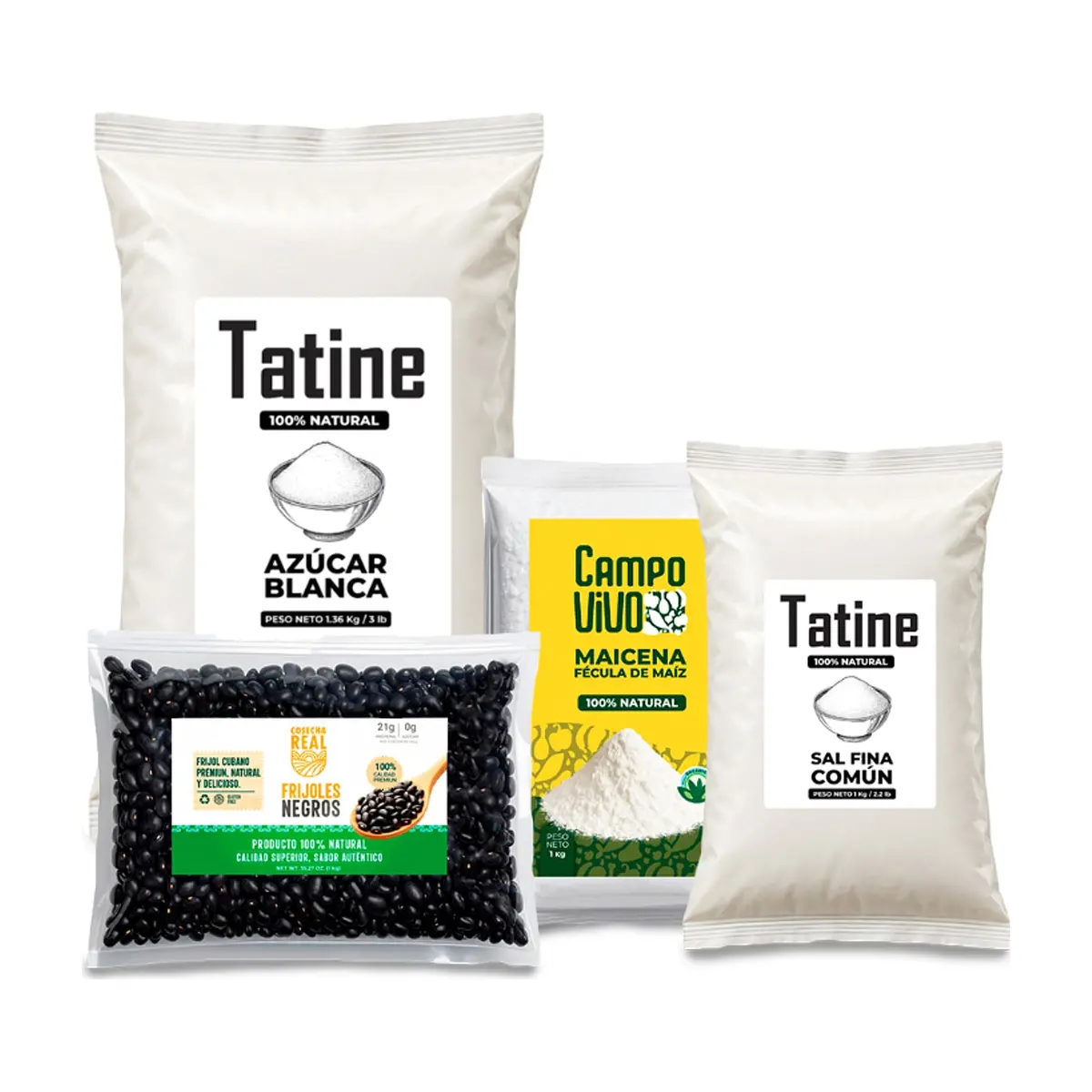 Combo básico de cocina #13: Frijoles negros Cosecha Real + Maicena Campo Vivo + Sal fina común Tatine + Azúcar blanca Tatine