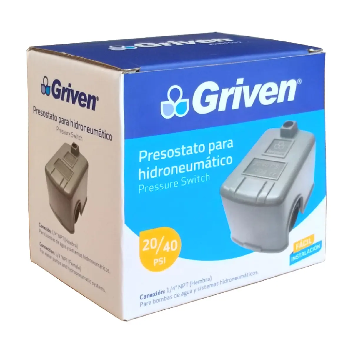Presostato hidroneumático de 20 / 40 PSI para bomba de agua Griven