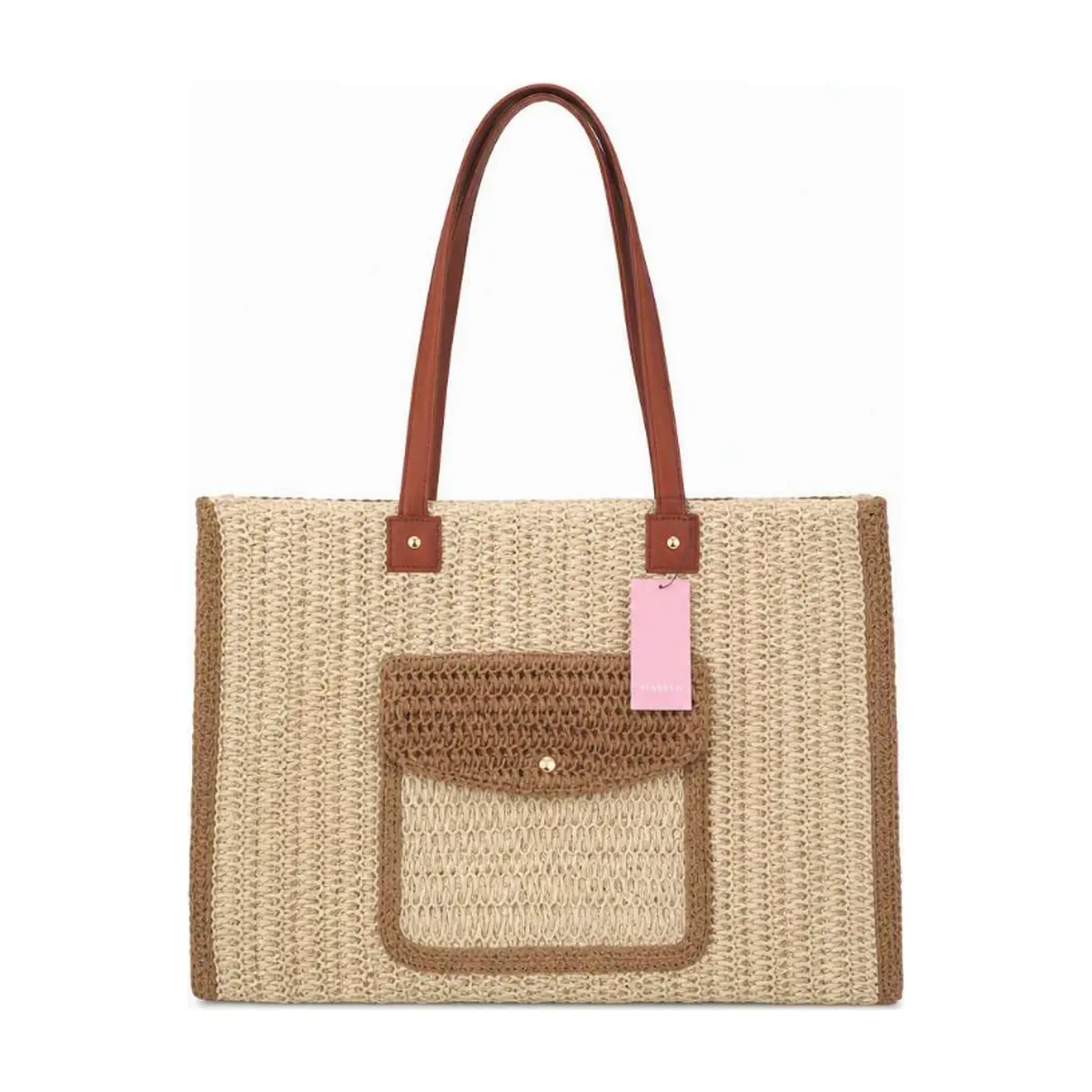 Bolso tote de playa tejido en beige con detalles en marrón y asas de piel Isabella (1 U) - Thumbnail 2