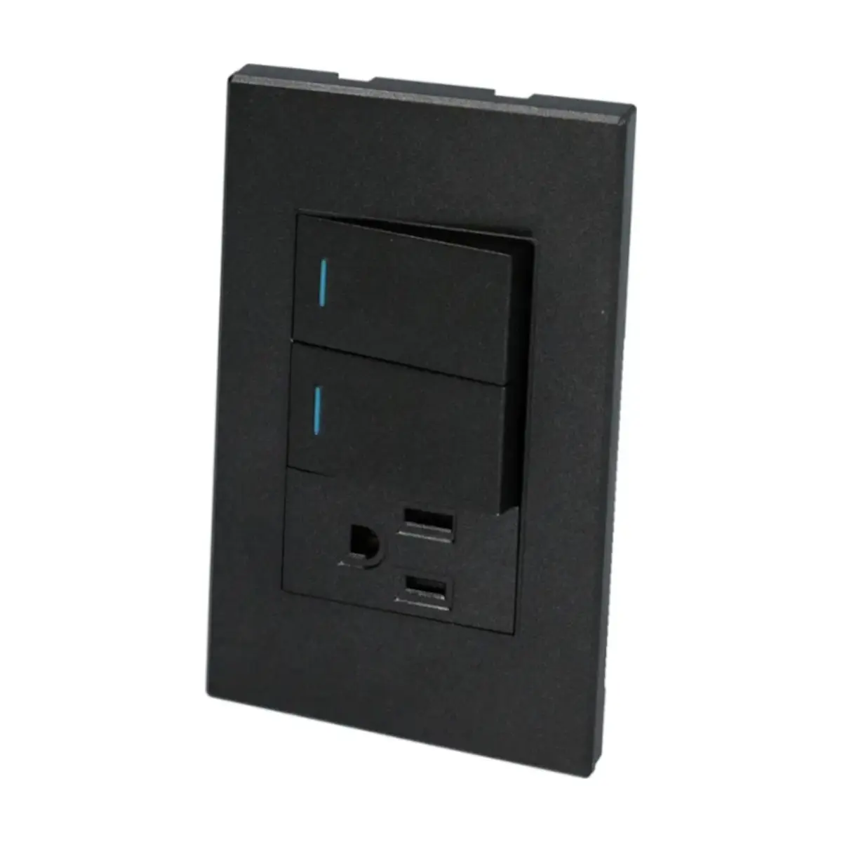 Placa con dos interruptor y un tomacorriente color negro de 1/3 Surtek P626N