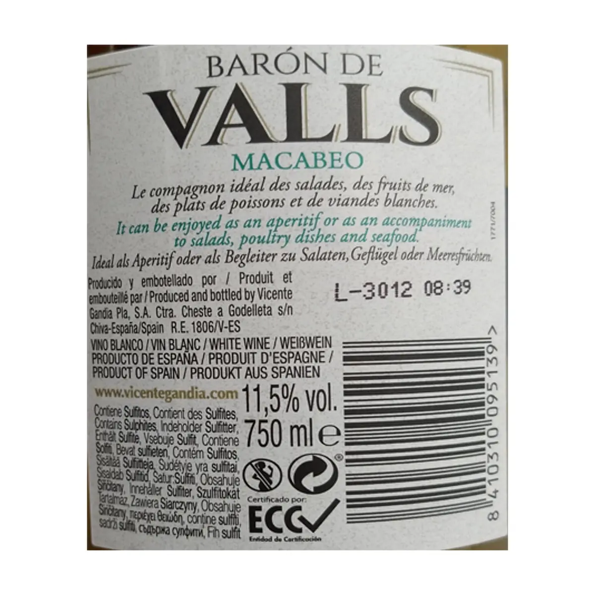 Vino blanco Macabeo Barón de Valls (750 ml) - Thumbnail 3