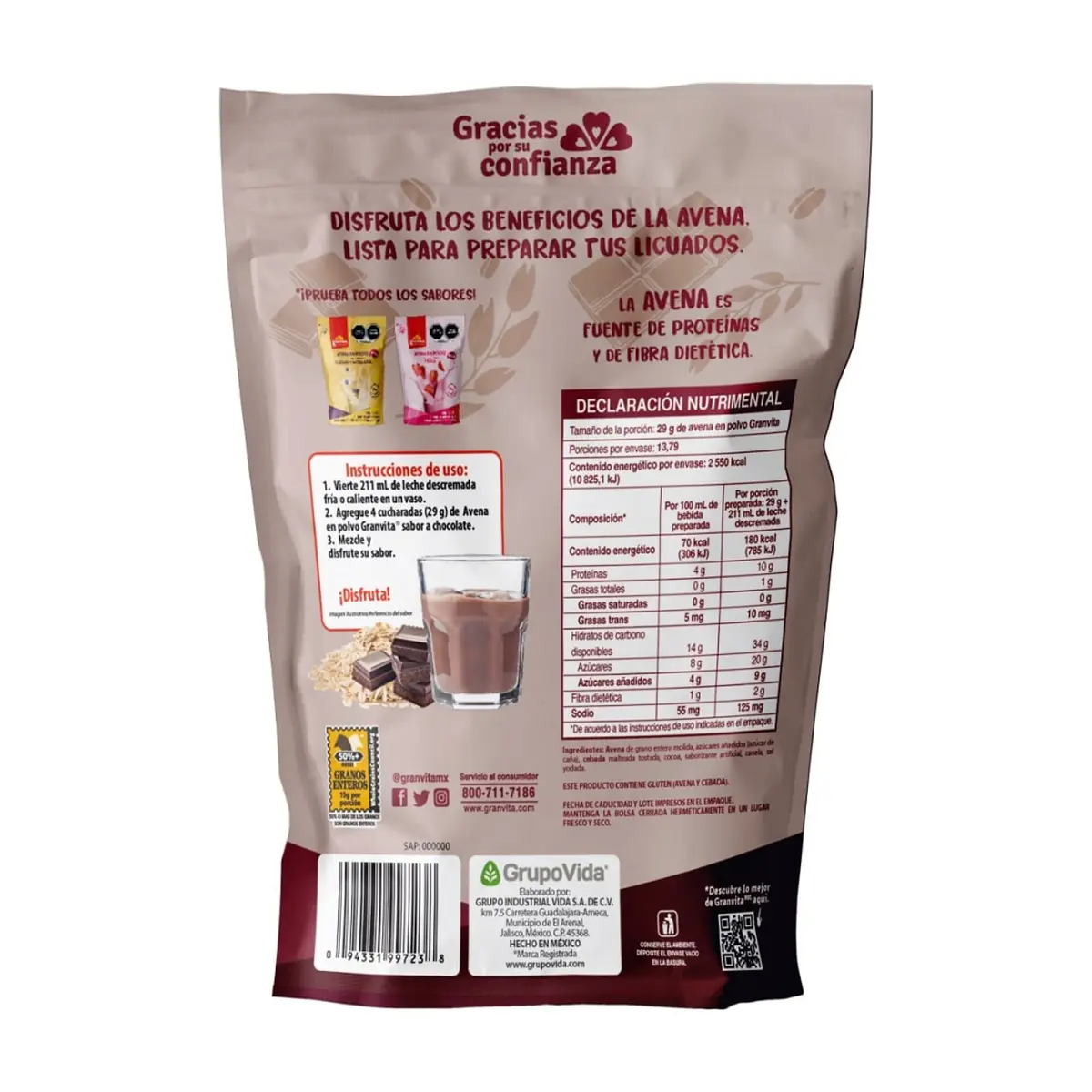 Avena en polvo sabor chocolate Granvita ALLÁ (400 g / 14.11 oz) - Thumbnail 2