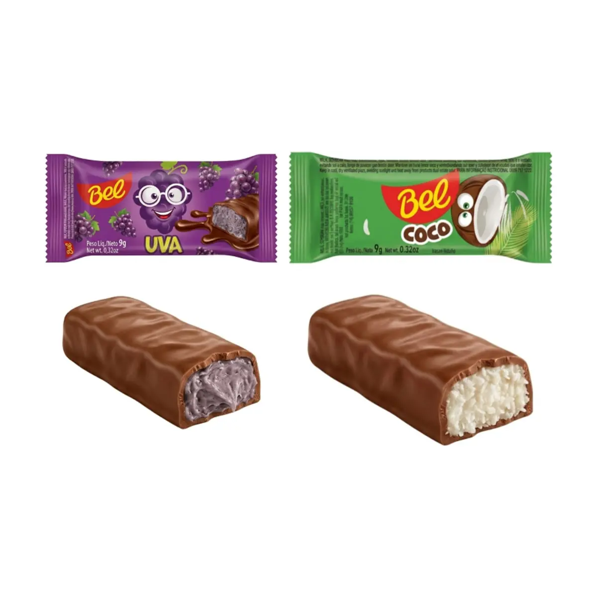 Bombones de chocolate Bel rellenos de crema de coco y uva