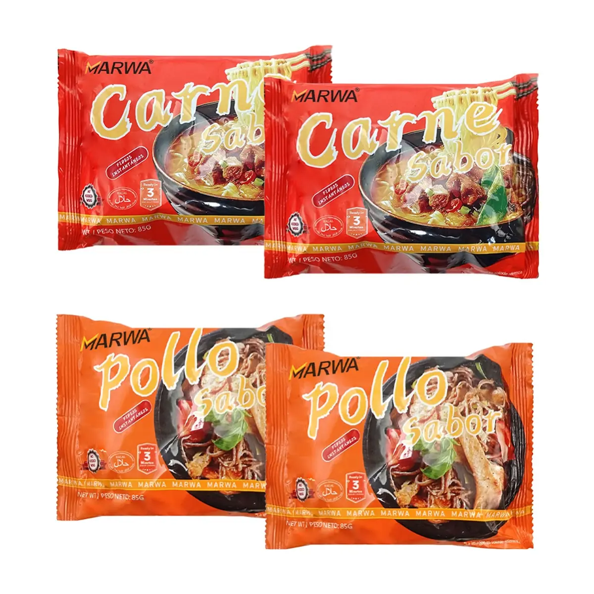 Sopa instantánea de fideos sabor carne + sopa instantánea de fideos sabor pollo Marwa (4 x 85 g / 3 oz)