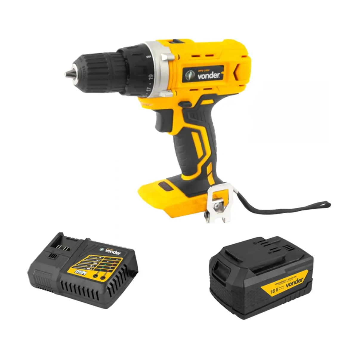 Taladro atornillador inalámbrico 3/8'' de 18 V IPFV1820 + Batería 18 V 4 Ah - iones de litio IBV 1804 + Cargador de batería rápido de 18 V ICBV1806 Vonder