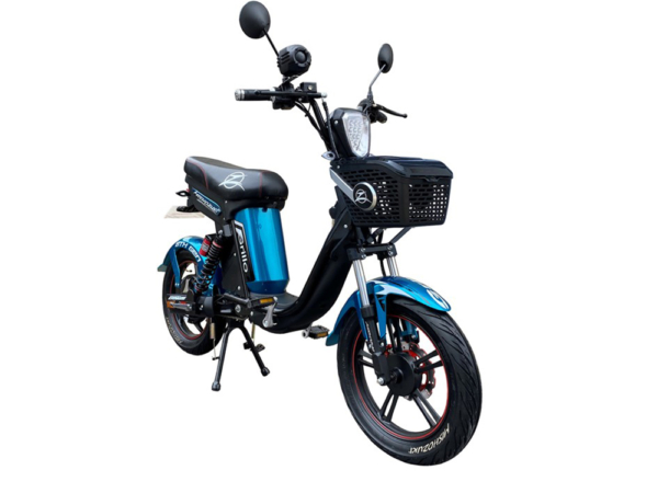 bicicleta electrica mishozuki grillo color azul con cesta para cuba