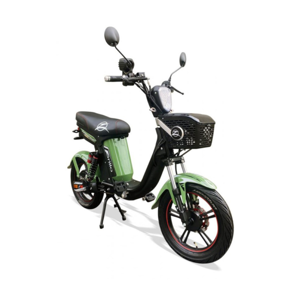 bicicleta electrica mishozuki grillo color verde con cesta para cuba